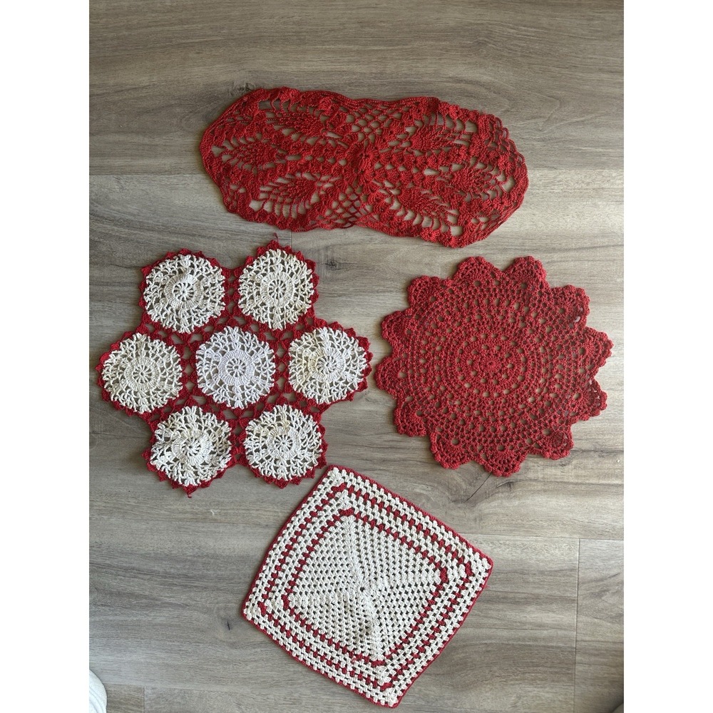 Vintage Red Crochet Handmade Crochet Doilies Holiday